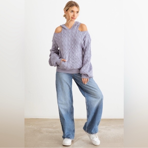 36 Point 5 -Slate Cable Knit Cold Shoulder
Hooded Sweater - Picture 3 of 5